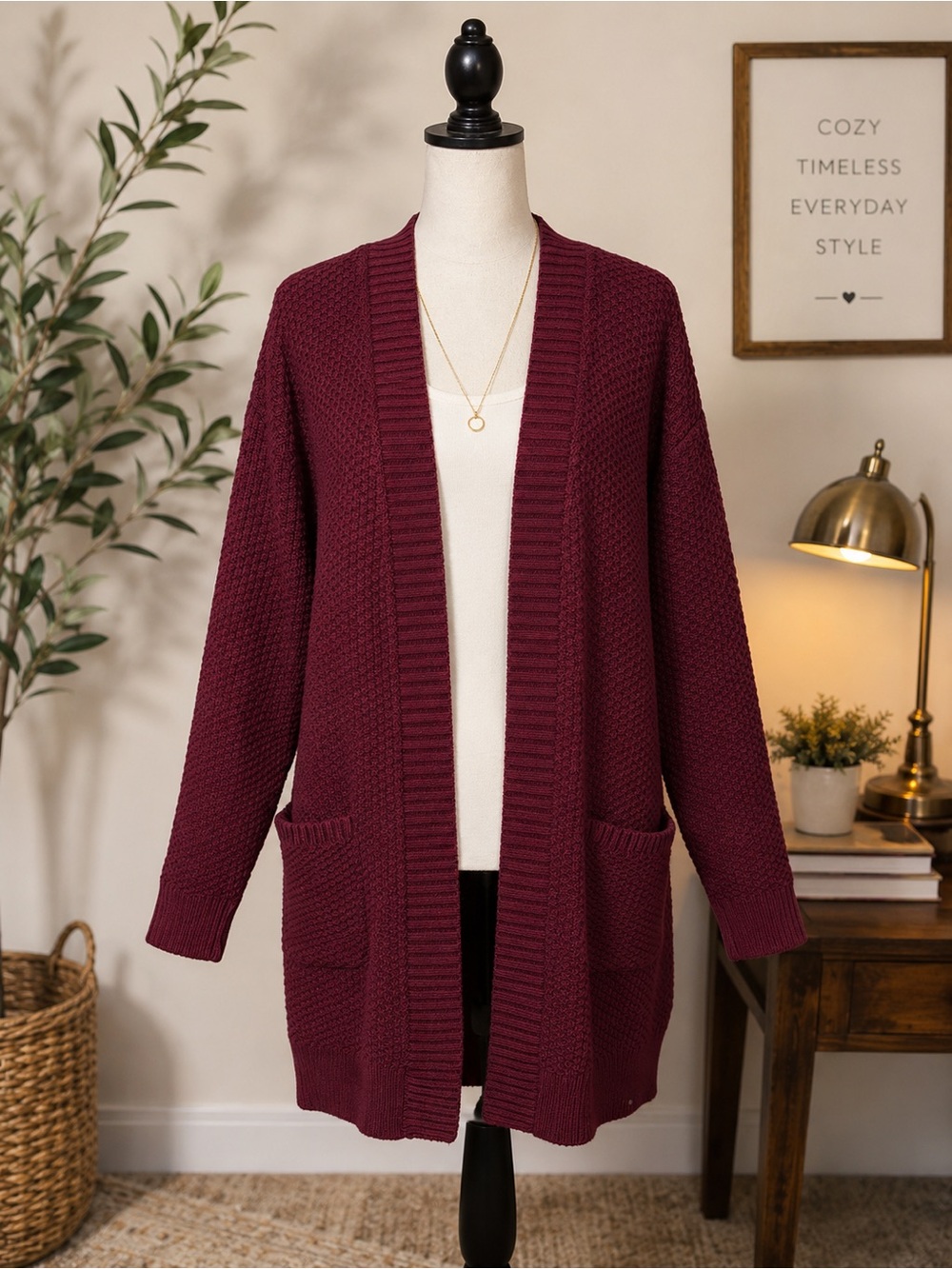 Gap Open Front Cardigan Sweater Small Burgundy Waffle Knit Long Sleeve Pockets - Picture 1 of 13